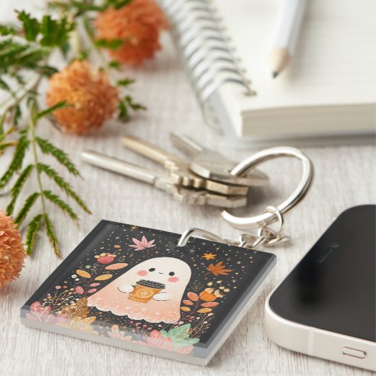 Cute Autumn Ghost with Pumpkin Coffee – Cozy Fall  Sleutelhanger (Voorkant Rechts)