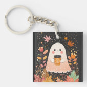 Cute Autumn Ghost with Pumpkin Coffee – Cozy Fall  Sleutelhanger (voorkant)