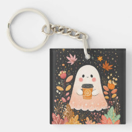 Cute Autumn Ghost with Pumpkin Coffee – Cozy Fall  Sleutelhanger
