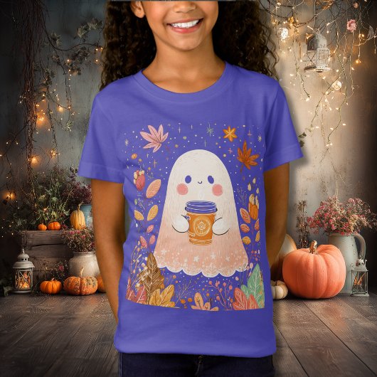 Cute Autumn Ghost with Pumpkin Coffee – Cozy Fall  T-shirt