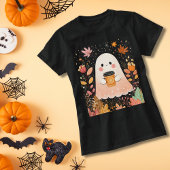 Cute Autumn Ghost with Pumpkin Coffee – Cozy Fall  T-shirt