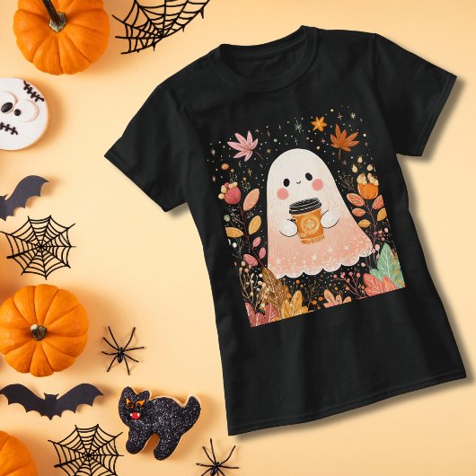 Cute Autumn Ghost with Pumpkin Coffee – Cozy Fall  T-shirt