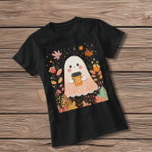 Cute Autumn Ghost with Pumpkin Coffee – Cozy Fall  T-shirt