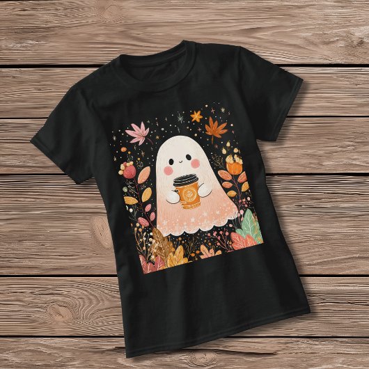 Cute Autumn Ghost with Pumpkin Coffee – Cozy Fall T-shirt