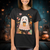 Cute Autumn Ghost with Pumpkin Coffee – Cozy Fall  T-shirt