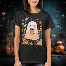 Cute Autumn Ghost with Pumpkin Coffee – Cozy Fall  T-shirt