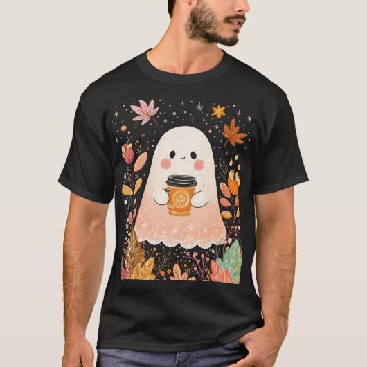 Cute Autumn Ghost with Pumpkin Coffee – Cozy Fall  T-shirt (Voorkant)