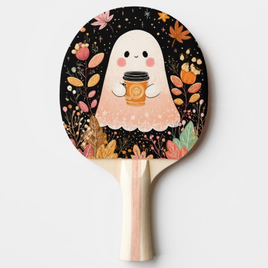 Cute Autumn Ghost with Pumpkin Coffee – Cozy Fall Tafeltennisbatje (Voorkant)