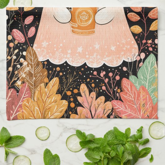 Cute Autumn Ghost with Pumpkin Coffee – Cozy Fall  Theedoek (Gevouwen)