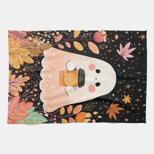 Cute Autumn Ghost with Pumpkin Coffee – Cozy Fall  Theedoek (Horizontaal)