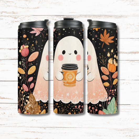 Cute Autumn Ghost with Pumpkin Coffee – Cozy Fall  Thermosbeker