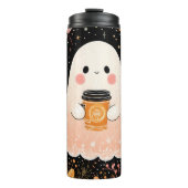 Cute Autumn Ghost with Pumpkin Coffee – Cozy Fall  Thermosbeker (Voorkant)