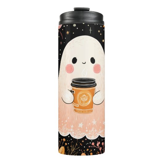 Cute Autumn Ghost with Pumpkin Coffee – Cozy Fall  Thermosbeker (Voorkant)