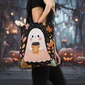 Cute Autumn Ghost with Pumpkin Coffee – Cozy Fall Tote Bag