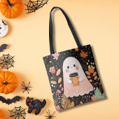 Cute Autumn Ghost with Pumpkin Coffee – Cozy Fall  Tote Bag
