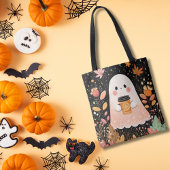 Cute Autumn Ghost with Pumpkin Coffee – Cozy Fall  Tote Bag