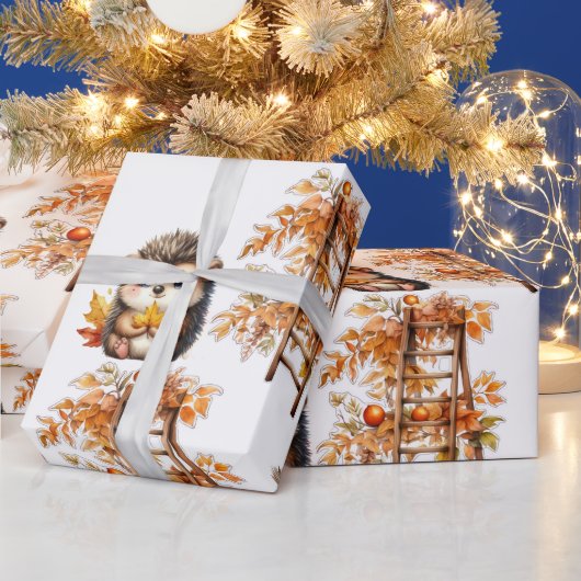 Cute Autumn Hedgehog with Harvest Ladder Illustrat Cadeaupapier (Feestdagen)
