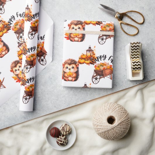 Cute Autumn Hedgehog with Harvest Ladder Illustrat Cadeaupapier (Crafts)