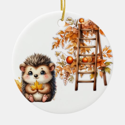 Cute Autumn Hedgehog with Harvest Ladder Illustrat Keramisch Ornament (Voorkant)