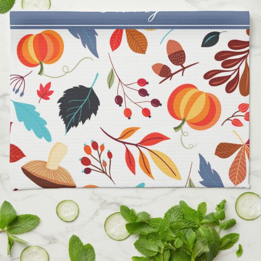 Cute Autumn Leaves Pumpkin Pattern & Jouw naam Theedoek (Gevouwen)