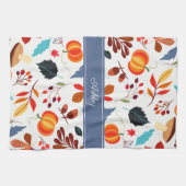 Cute Autumn Leaves Pumpkin Pattern & Jouw naam Theedoek (Horizontaal)
