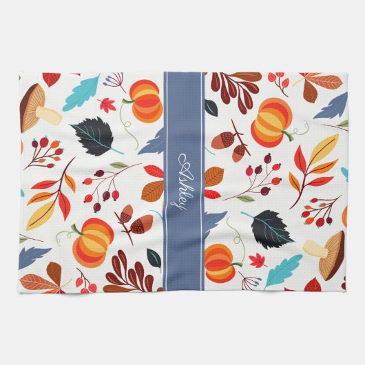 Cute Autumn Leaves Pumpkin Pattern & Jouw naam Theedoek (Horizontaal)