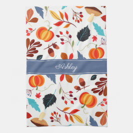 Cute Autumn Leaves Pumpkin Pattern & Jouw naam Theedoek