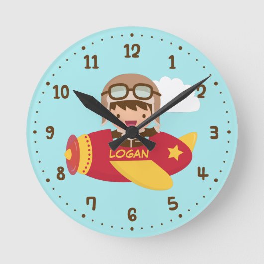 Cute Aviator Boy Airplane Kinder Room Decor Ronde Klok (Voorkant)