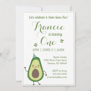 Cute Avocado Personaliseer 1e verjaardag Witte BG Kaart