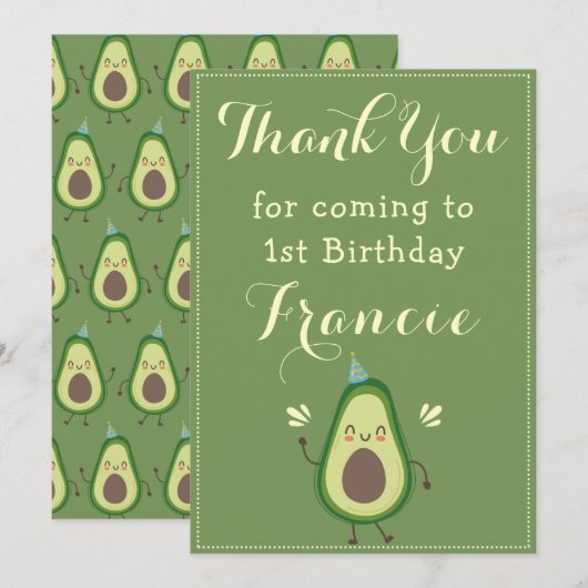 Cute Avocado personaliseer de kleurrijke 1 ste ver Bedankkaart (Voorkant / Achterkant)