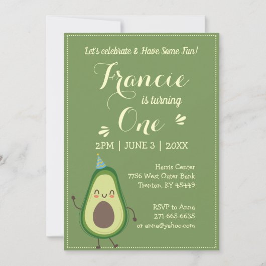Cute Avocado personaliseer de kleurrijke 1 ste ver Kaart (Voorkant)