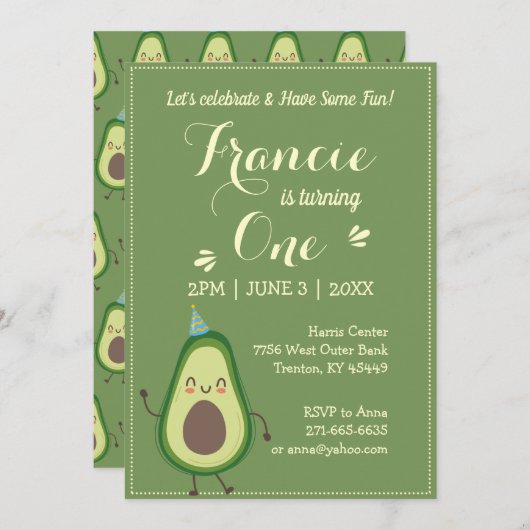 Cute Avocado personaliseer de kleurrijke 1 ste ver Kaart (Voorkant / Achterkant)