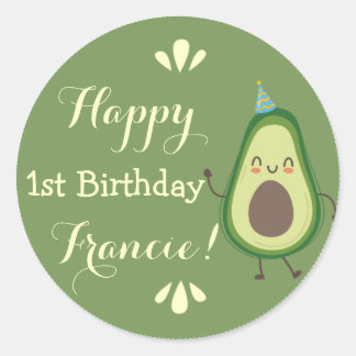 Cute Avocado Personalize Colorful 1st Birthday Ronde Sticker