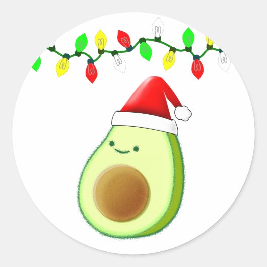 Cute Avocado Tekening Santa Hat-kerstlampjes Ronde Sticker (Voorkant)
