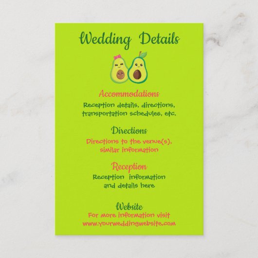 Cute Avocados Romantic Wedding Details Informatiekaartje (Voorkant)