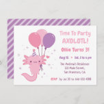 Cute Axolotl and Balloons Girls Birthday Party Kaart<br><div class="desc">A cute axolotl with a party hat is holding on to balloons. Time to Party Axolotl! An adorable axolotl design theme birthday party invitation in a girly color palette of pink and purple. Perfect for girls birthday party! Personalize easily with your party details.</div>
