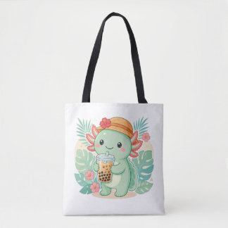 Cute Axolotl die Boba Milk Tea drinkt Boodschappen Tote Bag