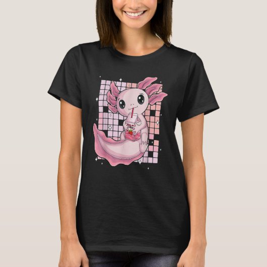 Cute Axolotl Drinking Strawberry Milk Bubble Tea O T-shirt (Voorkant)
