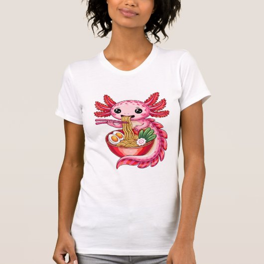 Cute Axolotl Eating Ramen Kawaii Noodle Cartoon T-shirt (Voorkant)