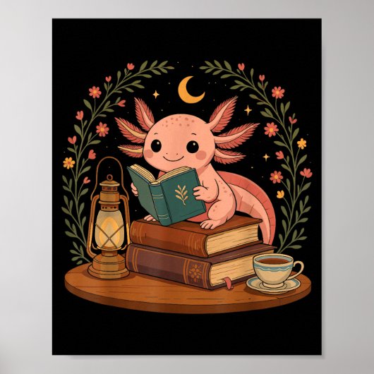Cute Axolotl Reading Books Cozy Bookworm Poster (Voorkant)
