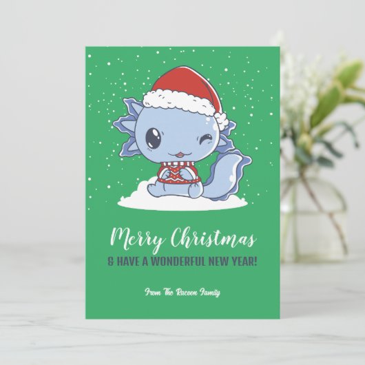 Cute Axolotl Santa Hat Snow Winter Merry Kerstmis Feestdagenkaart (Staand voorkant)