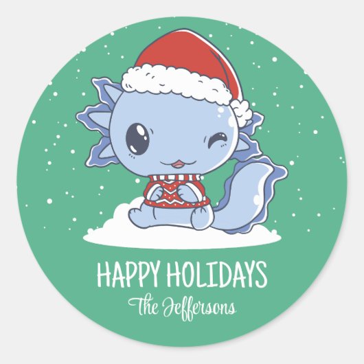 Cute Axolotl Santa Kerstmis Snowy Winter Holiday Ronde Sticker (Voorkant)