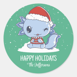 Cute Axolotl Santa Kerstmis Snowy Winter Holiday Ronde Sticker