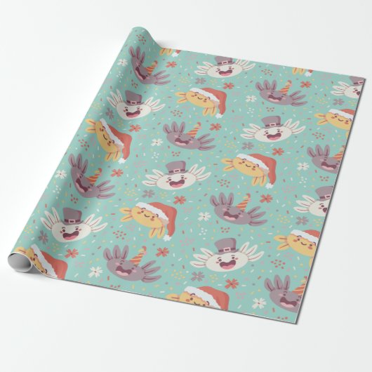 Cute Axolotl Xmas kerstpattern Kawaii Animal Cadeaupapier (Uitgerold)