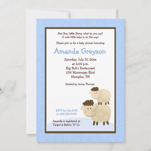Cute Baa Baa Sheep 5x7 Baby shower nodigt blauw ui Kaart (Voorkant)