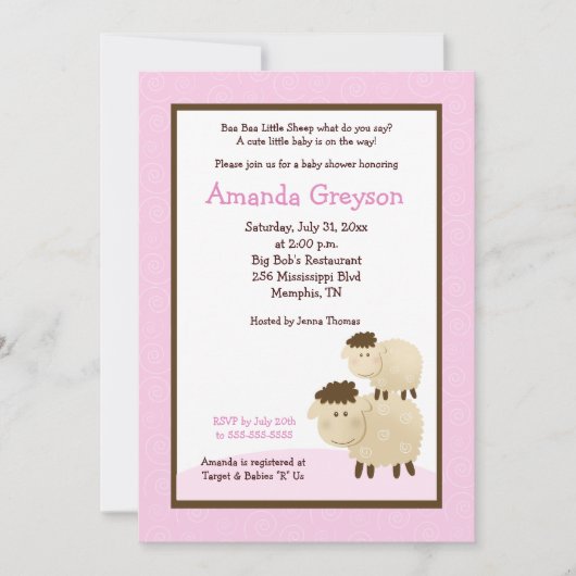 Cute Baa Baa Sheep 5x7 Baby shower nodigt roze uit Kaart (Voorkant)