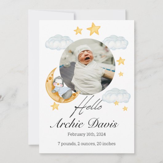 Cute baby aankondiging met een baby pinguïn (Voorkant)