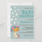 Cute Baby and Umbrella Baby shower Invitation Blue Kaart (Voorkant)
