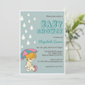 Cute Baby and Umbrella Baby shower Invitation Blue Kaart (Staand voorkant)