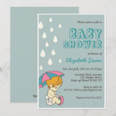 Cute Baby and Umbrella Baby shower Invitation Blue Kaart (Voorkant / Achterkant)